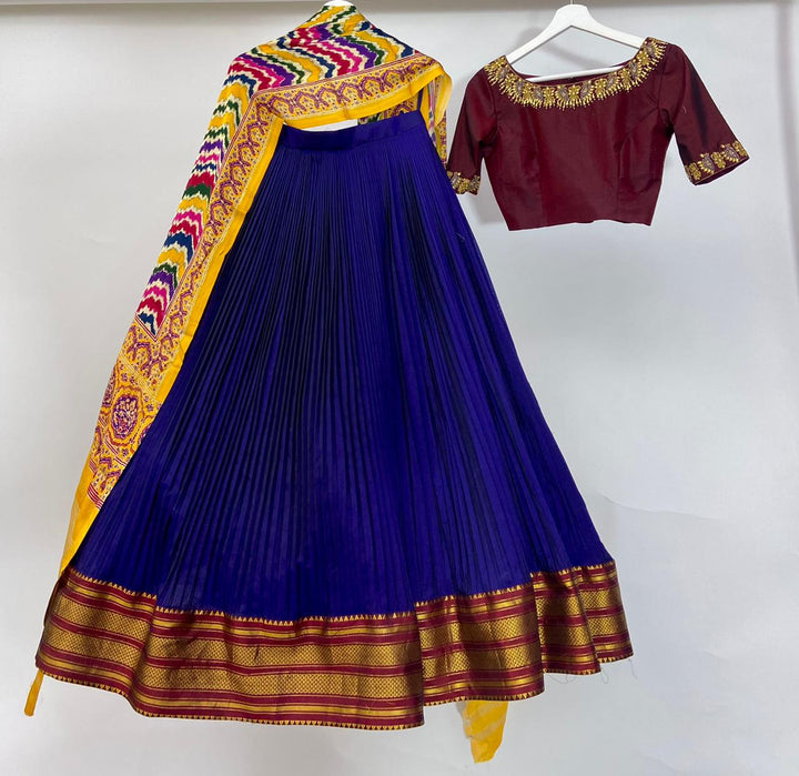 Maroon and Blue Pure Silk Narayanpet Lehenga