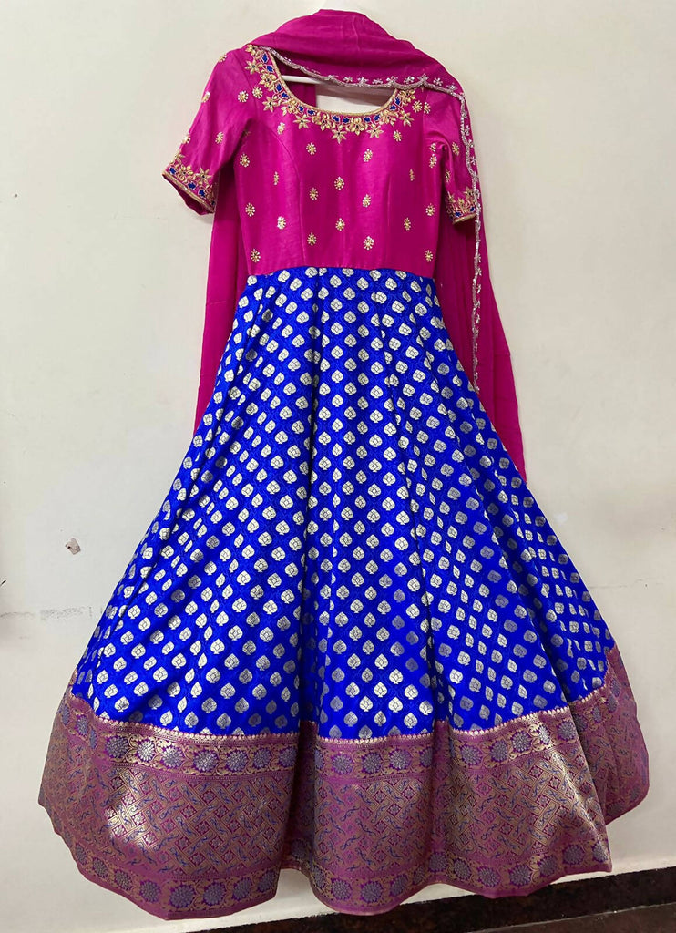 Pink Skirt Dress Set with Blue Jacket - Rana's by Kshitija