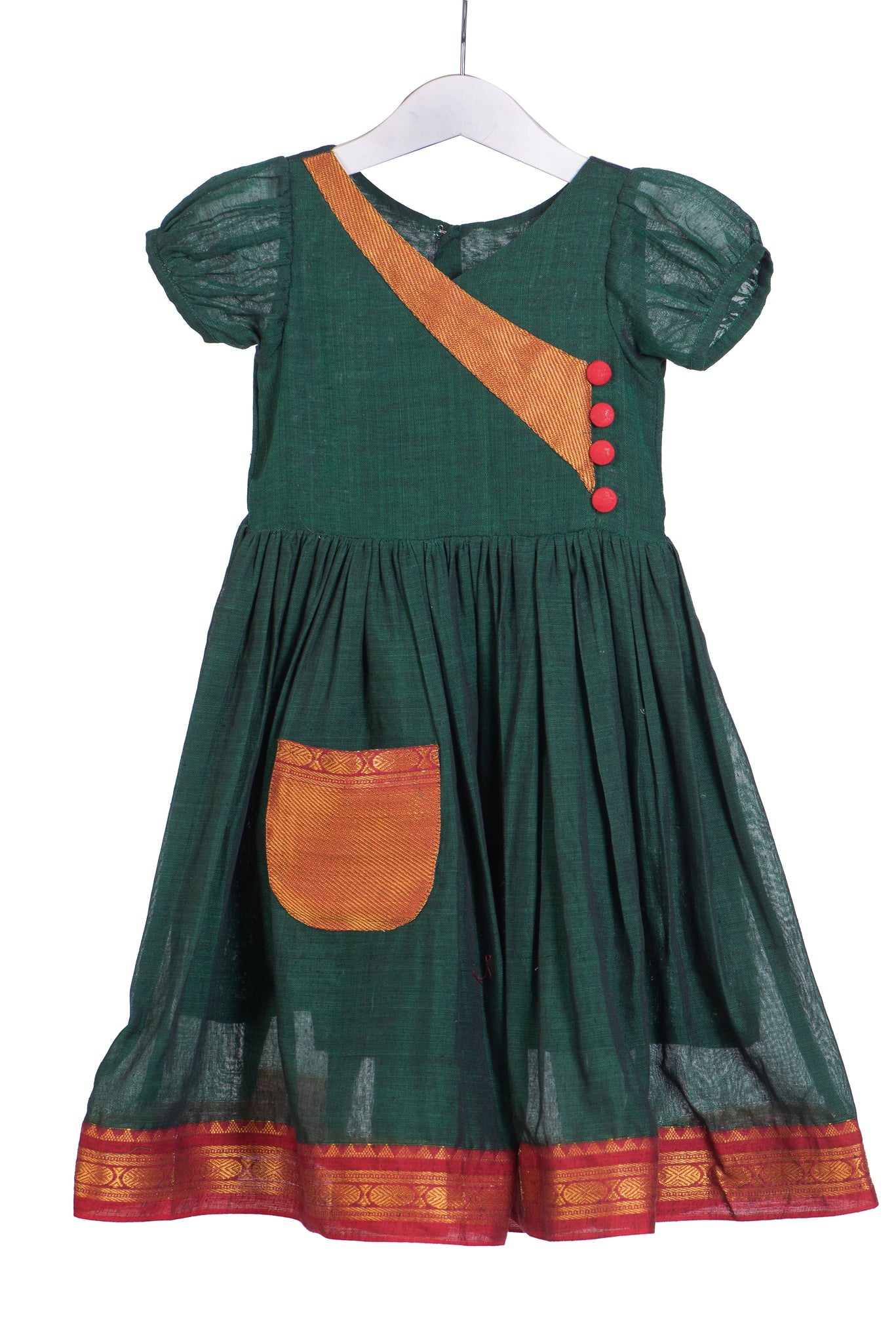 Green and Red Cotton Dress with Pocket