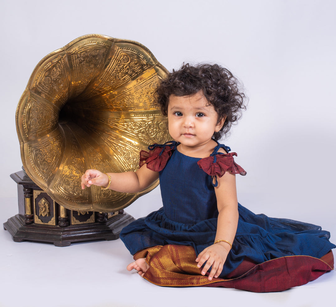 Blue and Maroon Cotton frilly dress