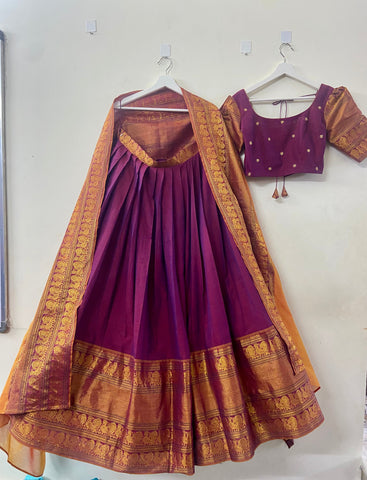 Striking Magenta Pink Lehenga in Narayanpet Silk from myRiti, showcasing intricate traditional patterns and a vibrant hue, perfect for adding a touch of elegance and cultural richness to any special occasion.