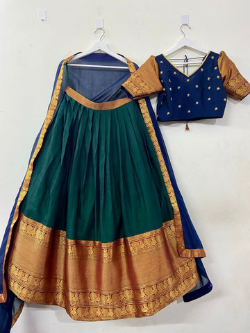 Green Lehenga with Navy Blue Maggam Blouse